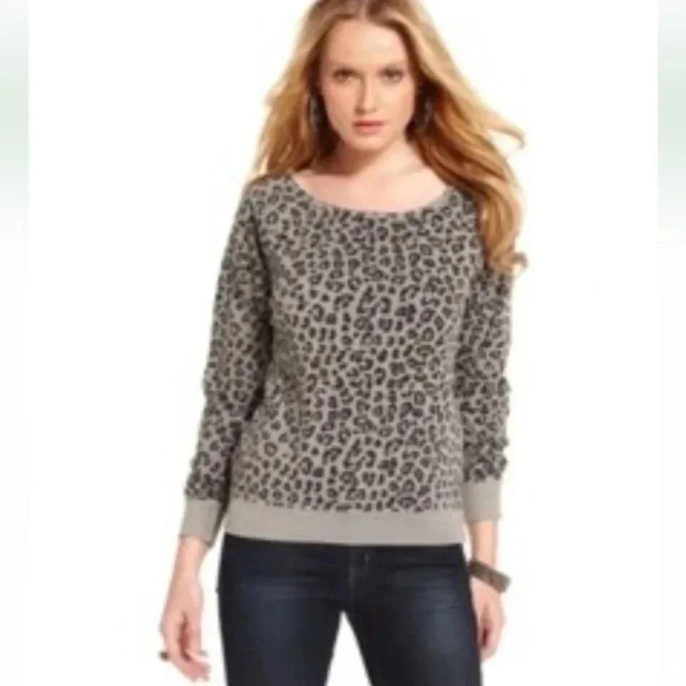 Guess Y2K Grey Black Leopard Print Long Sleeve Sweater Top Distressed Hem Size L